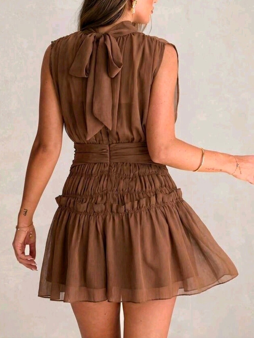 New Flowy Chiffon Smocked Waist Tie Back Halter Short Dress Brown Latte - Picture 6 of 9